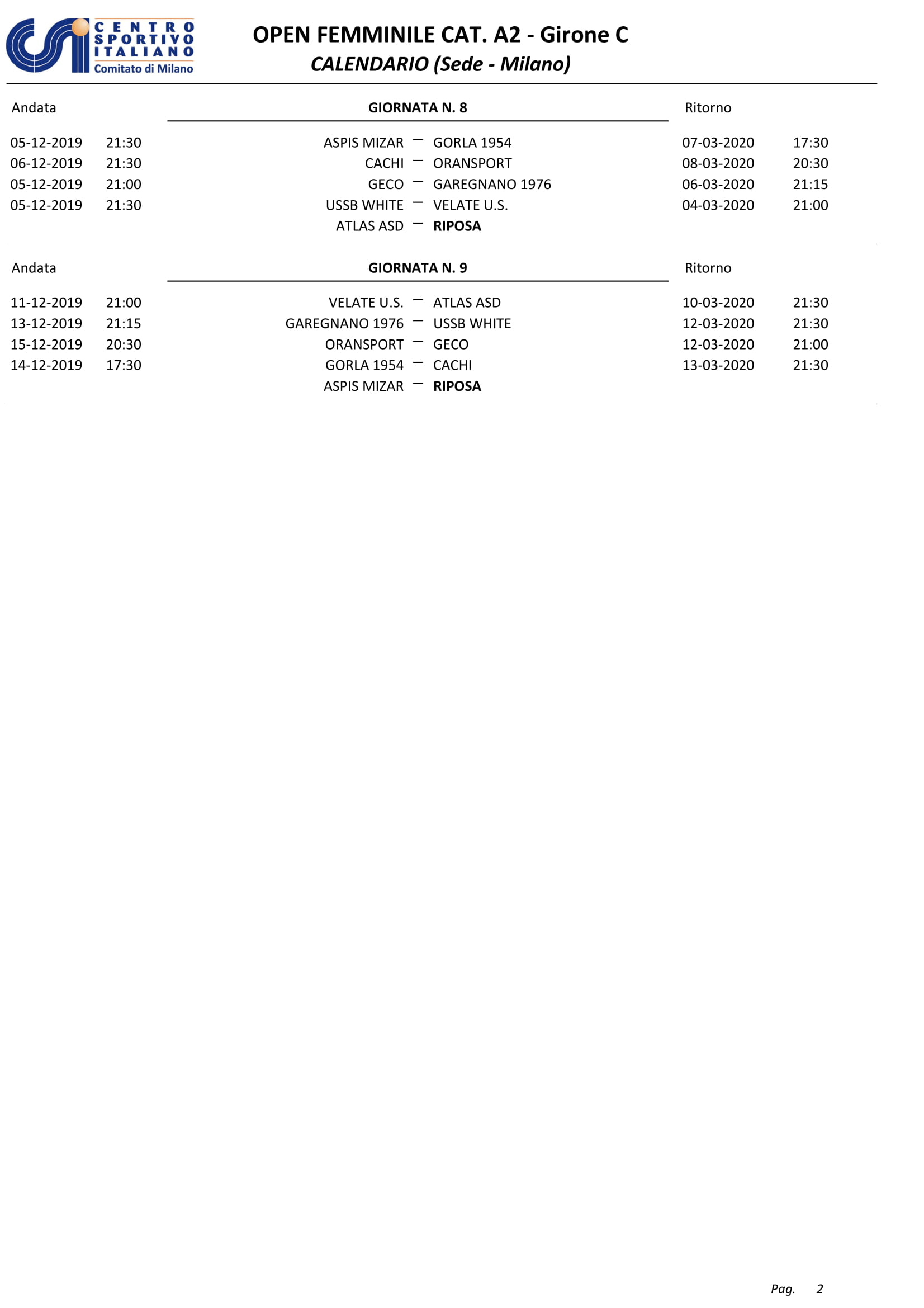 Calendario partite Allieve
